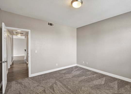 A room with a carpeted floor and a doorway leading to another room.