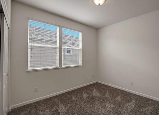 A room with a carpeted floor and two windows with blinds.