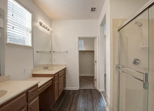 A bathroom with a walk in shower and a vanity.