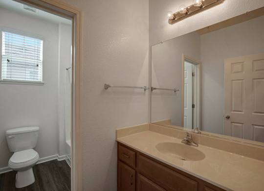 A bathroom with a toilet, sink, and mirror.