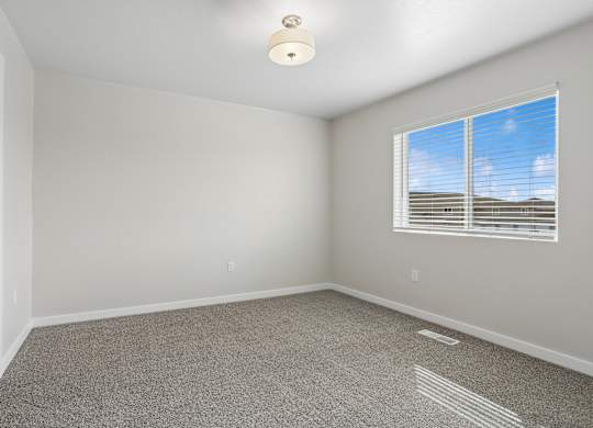 A room with a carpeted floor and a window with blinds.
