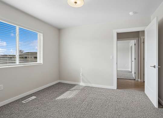 A room with a carpeted floor, a window with blinds, and a door leading to another room.