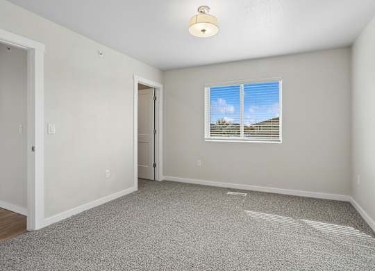 A room with a carpeted floor and a window showing a blue sky with clouds.