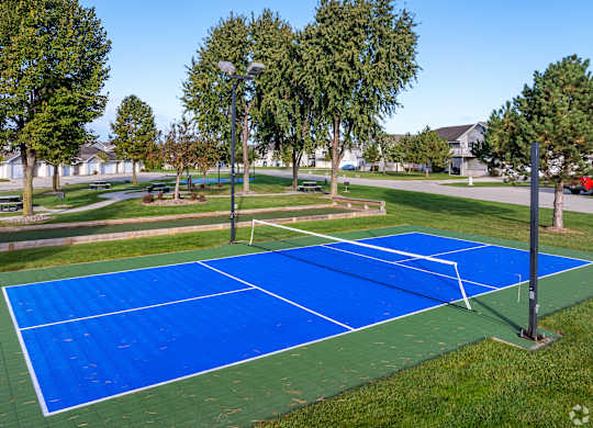 A blue tennis court surrounded by trees and grass.