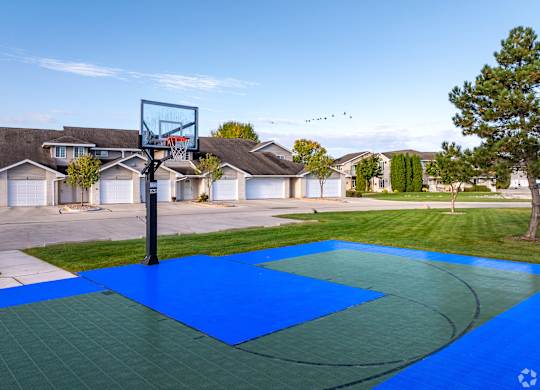 A basketball court with a hoop and a blue surface.