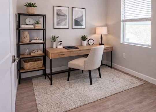 A virtual staged image of a home office with a desk, chair, and shelves.