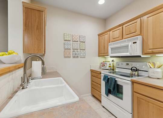 A kitchen with a white sink and a white stove.