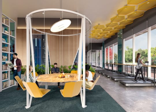 a rendering of a room with a table and chairs and a suspended light fixture