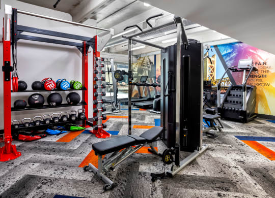 a home gym with weights and equipment and a wall with a mural