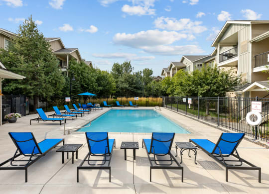 our apartments have a swimming pool with blue chairs