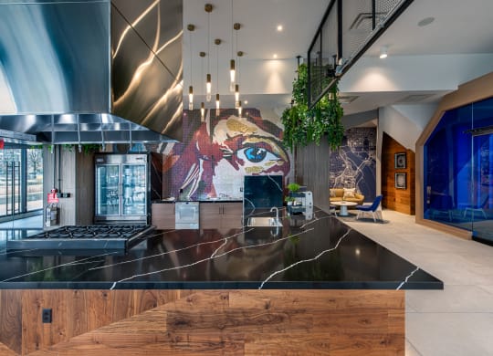 the kitchen has a large mural of a woman on the wall