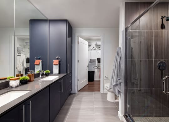 a bathroom with a shower and a counter with two sinks