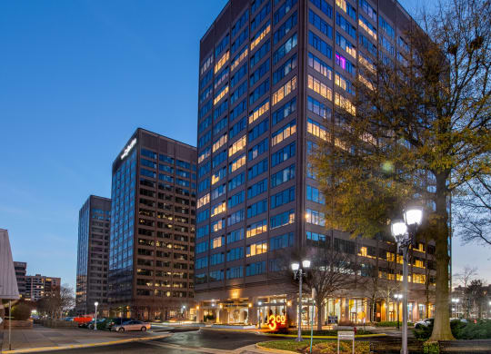 night view of the office building at dusk