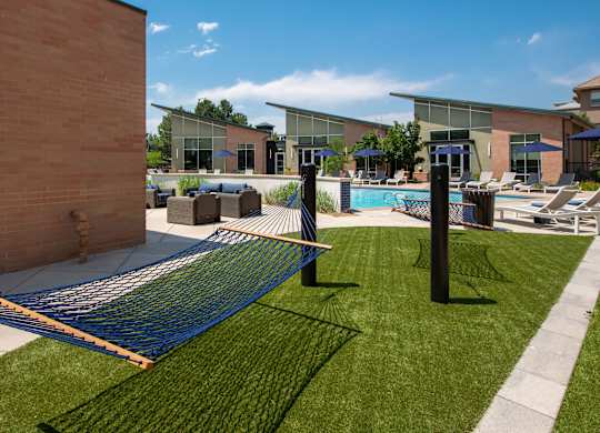 A blue and yellow volleyball net is set up on a green lawn.