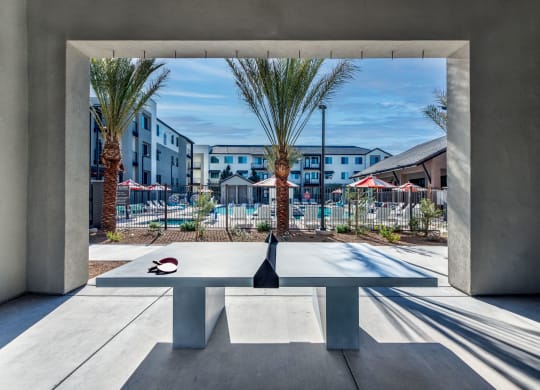 a ping pong table in a courtyard with palm trees