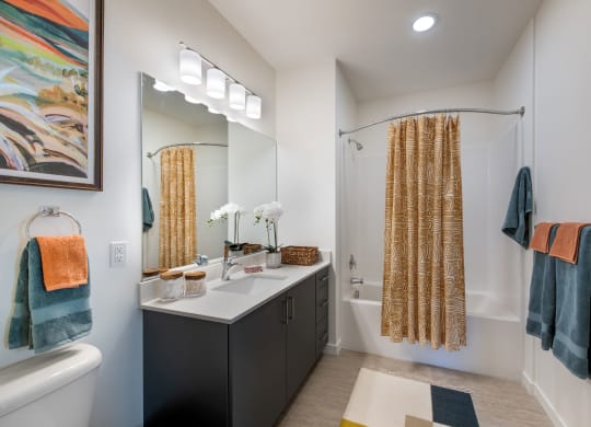 a bathroom with a shower and a sink and a mirror