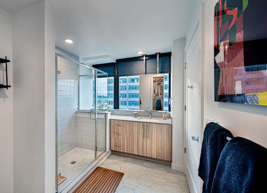 A bathroom with a walk-in shower and a window.