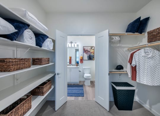 Corsair Apartments Walk-in Closet with View of Bathroom