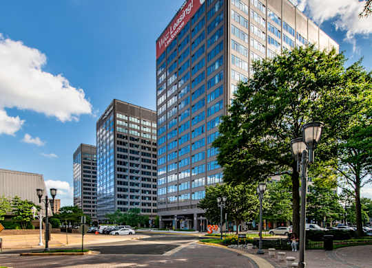 A city street with a large building in the background and a flower bed in the foreground.