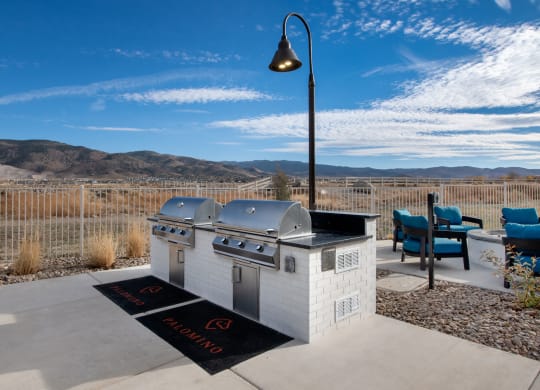 two stainless steel grills on a patio with mountains in the background