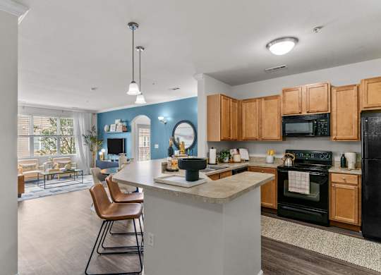 A kitchen with a black refrigerator and wooden cabinets.