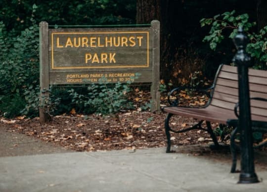a park bench sitting in front of a park sign