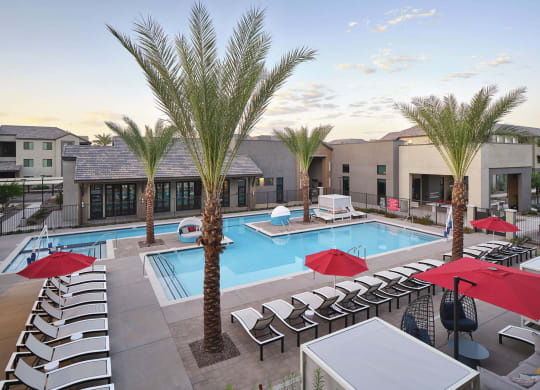 a swimming pool with chairs and palm trees