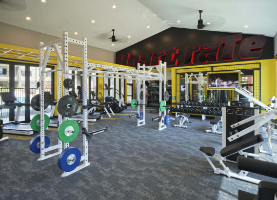 a gym with weights and cardio machines and a neon sign