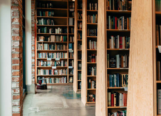 a library with wooden shelves filled with books