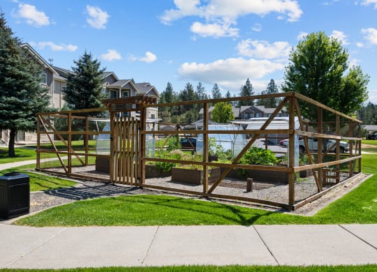 a garden area with a wooden structure and a pond in a park