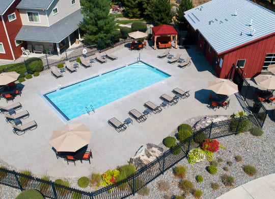 Pine Valley Ranch Apartments Community Pool and Patio Aerial View