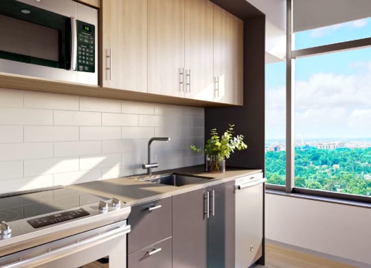 a kitchen with a sink and a microwave