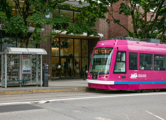a pink bus is parked on the side of a street