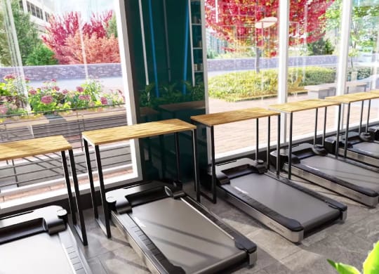 a row of benches in a restaurant with tables