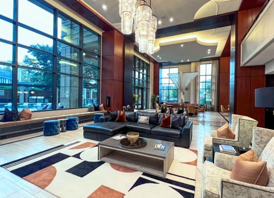 a large lobby with couches and a coffee table