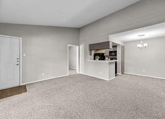 A spacious room with a carpeted floor and a white door.