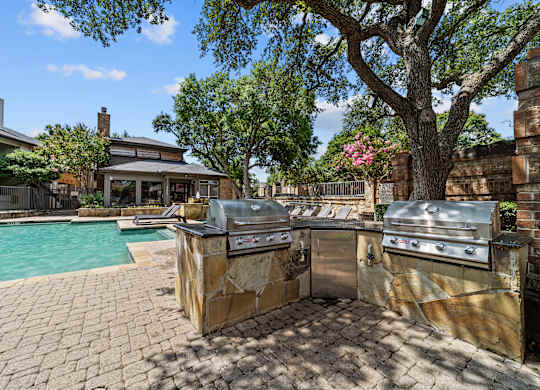 A backyard with a grill and a pool.