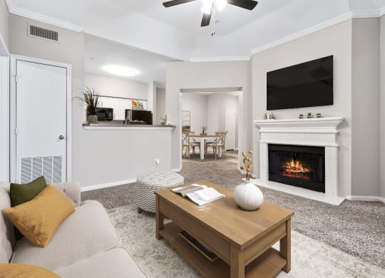 a living room with a fireplace and a couch at Fountains of Denton in Denton, TX