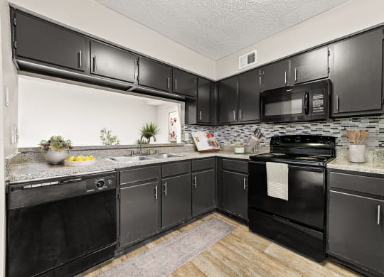 our apartments offer a modern kitchen with black cabinets and stainless steel appliances