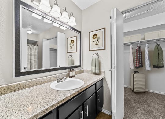 a bathroom with a large mirror and a sink