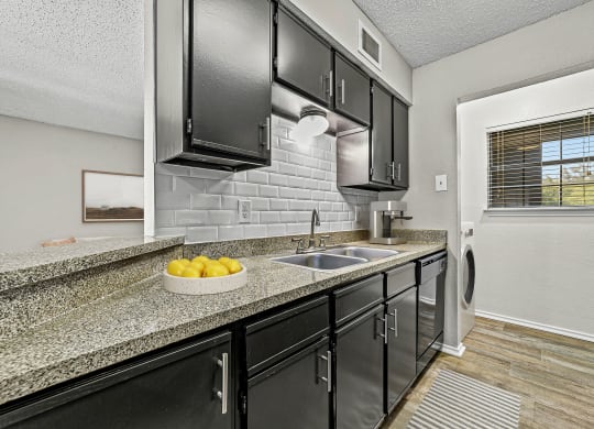 a kitchen with black cabinets and a counter top with a sink at Legacy Apartments in Plano, TX