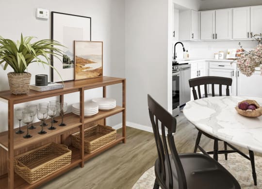 a dining room with a table and chairs and a kitchen in the background  at Sunset Heights, San Antonio