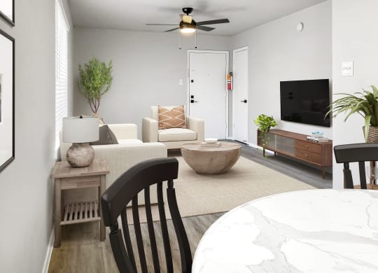 a living room with grey walls and a white door  at Sunset Heights, Texas, 78209