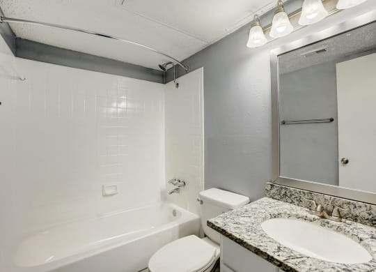 a bathroom with a sink toilet and tub and a mirror