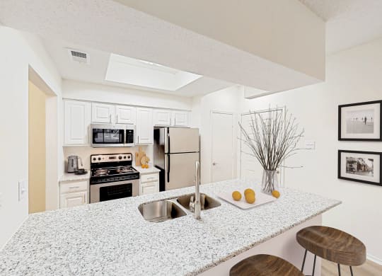 a kitchen with a counter top and a sink