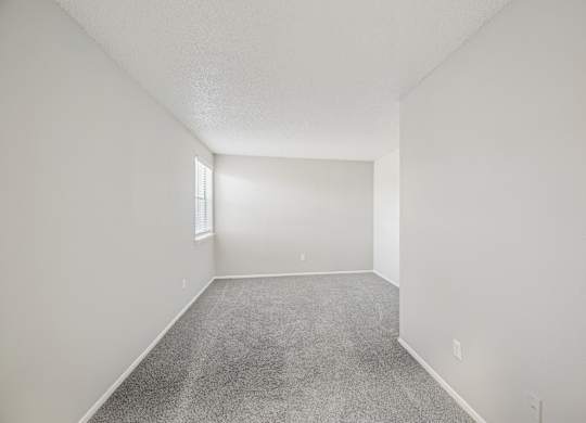 A spacious empty room with carpeted floor and white walls.