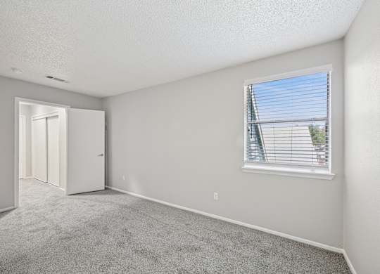 A room with a carpeted floor, a window with blinds, and a door leading to another room.