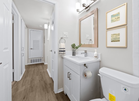 a bathroom with a white toilet next to a white sink with a mirror above it  at Sunset Heights, Texas, 78209