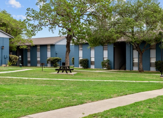 a picnic table sits in a grassy area in front of a blue building  at Sunset Heights, San Antonio, 78209