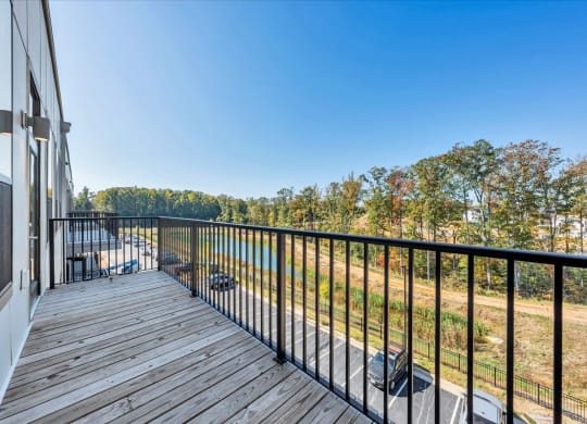 the deck has a view of the lake and woods from it